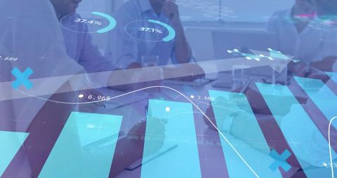 Financial data overlay on business meeting for analytics