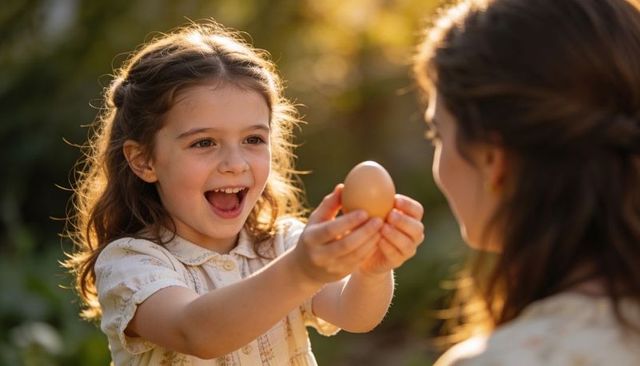 Sunlit smiling child offering fresh brown egg to parent in garden during golden hour