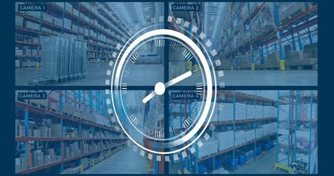 Security surveillance feeds displaying organized warehouse operations