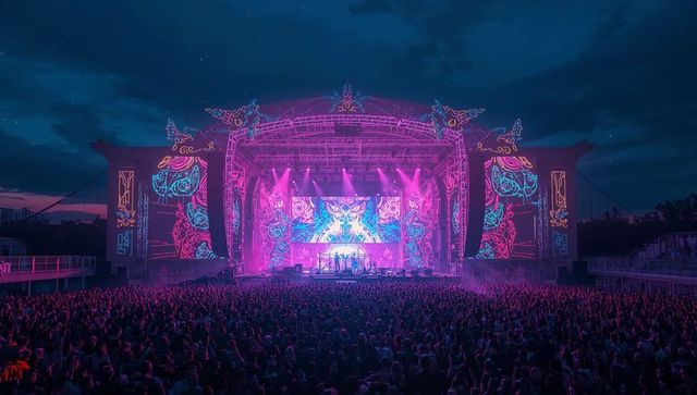 Vibrant nighttime concert with neon lights and enthusiastic crowd