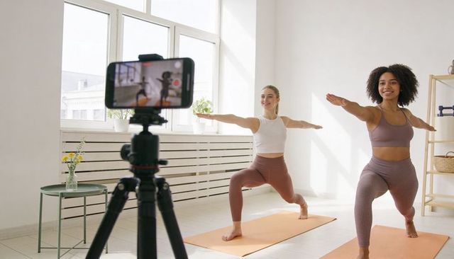 Filming online yoga class with two women doing lunges in sunlit studio with smartphone tripod