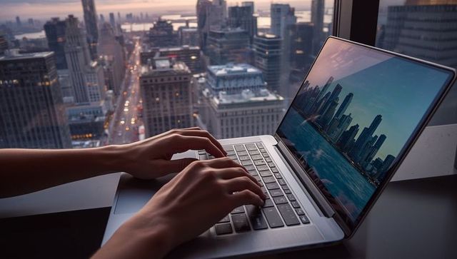 Hands typing on laptop with city skyline at dusk