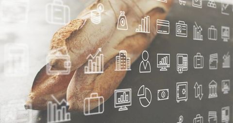 Hands cradling rustic baguettes with financial icons overlay for bakery business finance