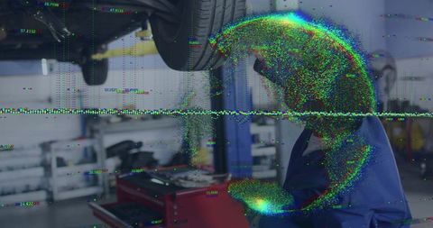 Auto mechanic inspecting wheel under lift with digital glitch and data overlay in garage
