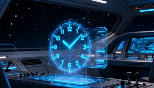 Futuristic Holographic Analog Clock Hovering Above Starship Bridge Console
