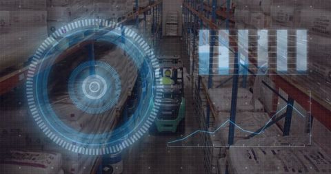 Operating electric forklift navigating warehouse aisle with hud analytics overlay