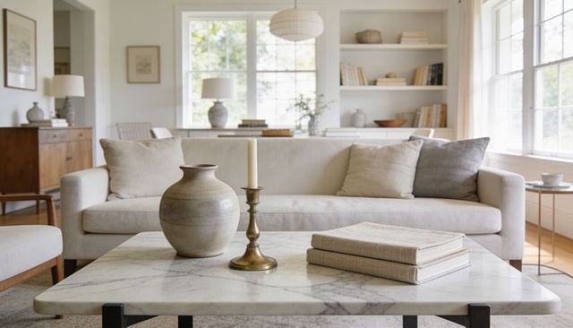 Sunlit scandinavian living room with marble coffee table, ceramic vase, brass candlestick