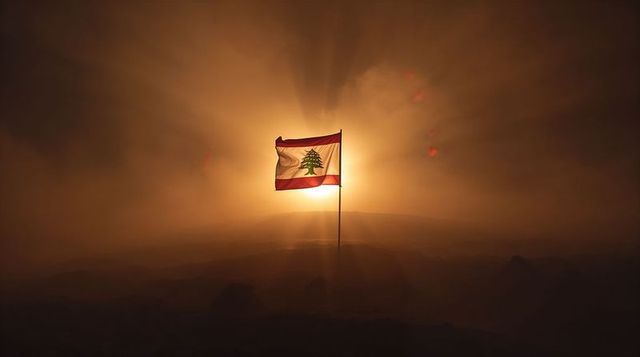 Lebanon flag glowing in golden sunrise with sunbeams over misty ridge