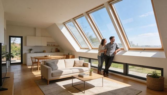Couple enjoying sunlit loft with large skylight windows and scandinavian minimal interior