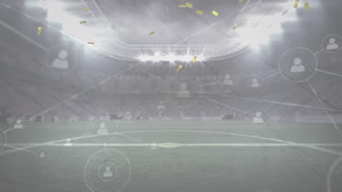 Digital Networking in Packed Sports Stadium with Celebratory Confetti