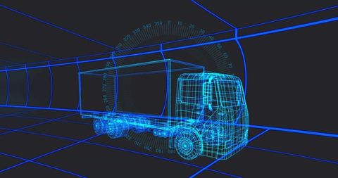 Neon wireframe cargo truck inside virtual tunnel with hud grid and perspective