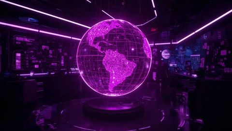 Holographic Globe in Futuristic Cyber Command Center with Neon Lights