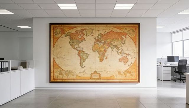 Vintage world map framed on minimal modern office wall for corporate decor and branding