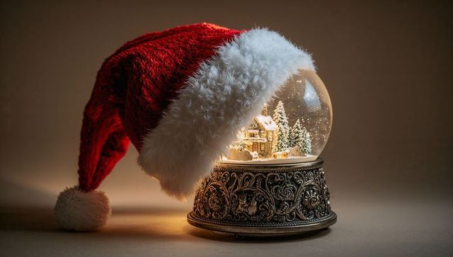 Santa Hat Draping Over Ornate Snow Globe with Lit Miniature Village and Warm Glow