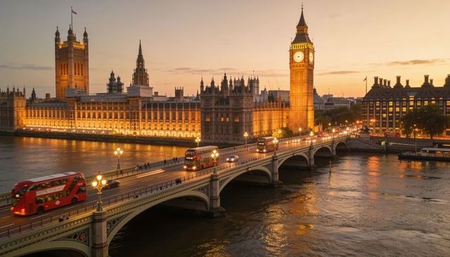 Sunset glow on elizabeth tower and palace of westminster with red double-decker buses