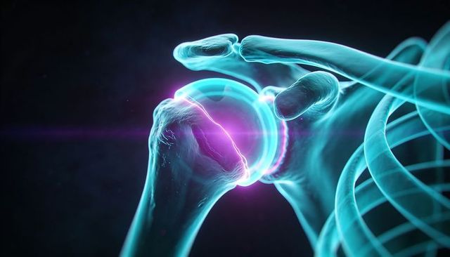 Glowing shoulder joint anatomy showing humeral head and glenoid cavity in neon cyan purple