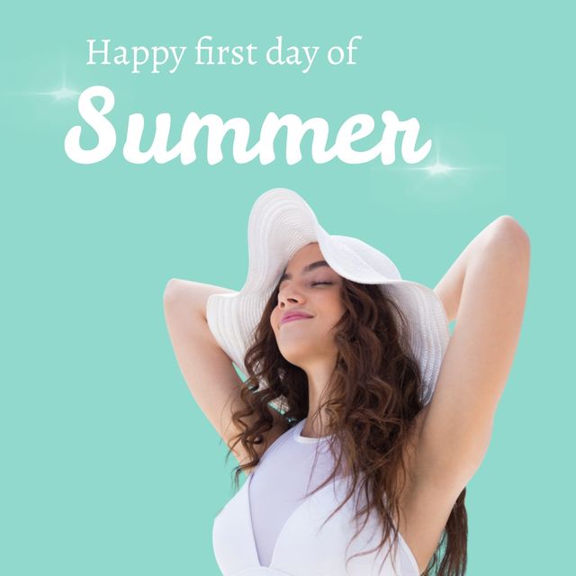 Image captures joyous celebration of the first day of summer, featuring a woman wearing a sun hat and smiling blissfully. Ideal for promoting summer events, seasonal holidays, vacation packages, outdoor activities, and festive greetings.
