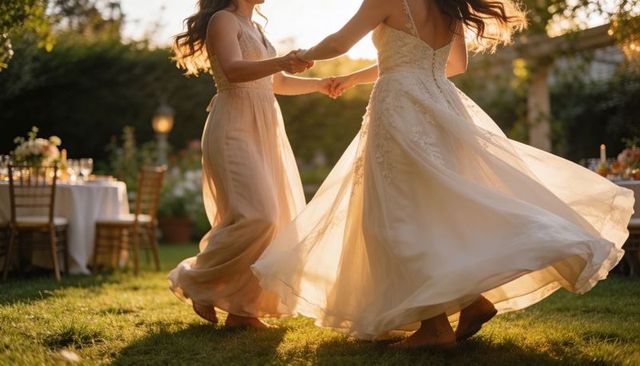 Bridal party dancing twirling in flowing gowns during golden hour outdoor reception