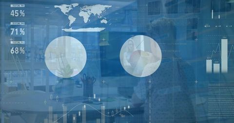 Caucasian businesswoman analyzing global data visualizations