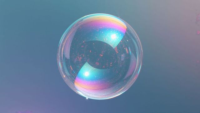 Iridescent soap bubble on pastel gradient background