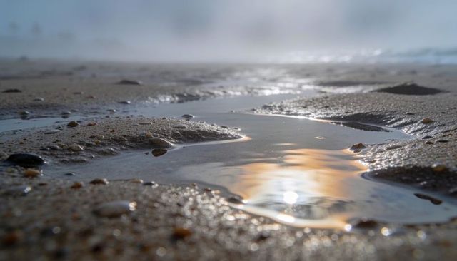 Shimmering tidal pool reflecting golden light on wet sand at low tide