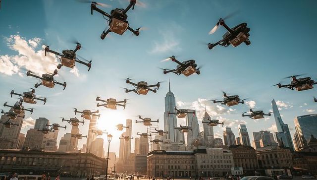 Drone delivery fleet hovering over modern city skyline at sunset urban logistics concept