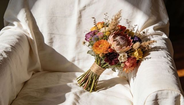 Resting tied bouquet on sunlit linen armchair featuring protea and dried wildflowers