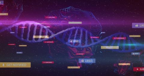 Futuristic 3D DNA Helix with Social Media Labels in Neon Glow