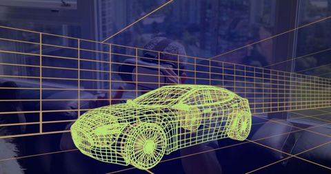 Man using vr headset with augmented reality car model in modern living room