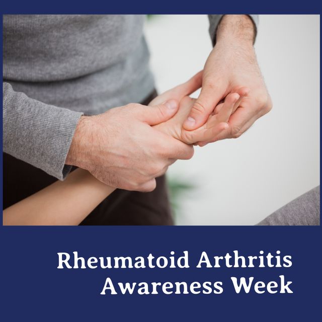 Midsection of caucasian man touching child's hand and rheumatoid arthritis awareness week text. Composite, family, together, childhood, disease, joints, autoimmune, healthcare, awareness, prevention.