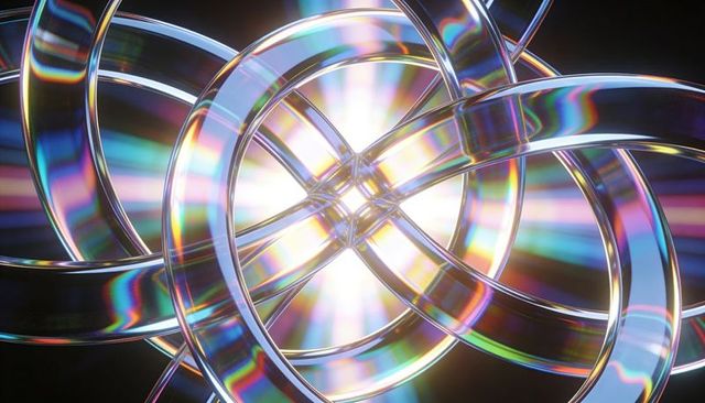 Prismatic interlocking chrome rings radiating central light abstract geometric sculpture