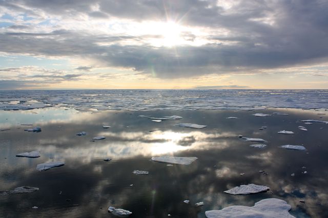 Widespread small ice patches floating on tranquil sea in Chukchi Sea under cloudy sky with sun shining through. Ideal for highlighting effects of climate change, environmental research, and marine ecosystems. Useful for educational resources, environmental documentaries, or climate-related articles.