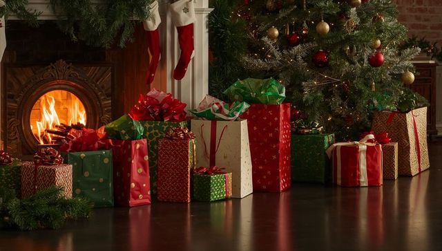 Cozy Christmas Scene with Glowing Fireplace, Wrapped Gifts, Stockings and Sparkling Tree