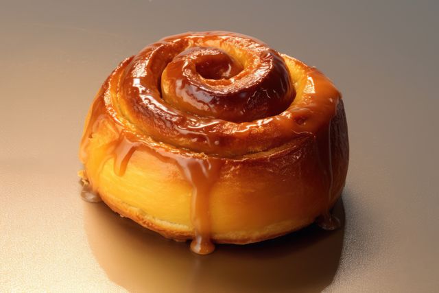 This image showcases a close-up of a freshly baked cinnamon roll topped with a smooth, shiny caramel glaze. It is perfect for use in content related to food blogs, online bakery stores, dessert recipes, baking tutorials, or advertisements for cafes and patisseries.