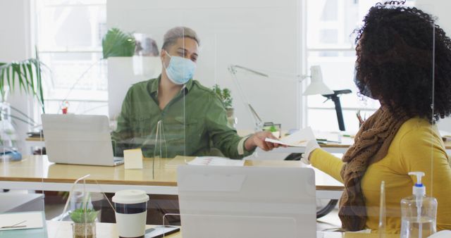 Coworkers Collaborating in Office with Safety Precautions - Download Free Stock Images Pikwizard.com