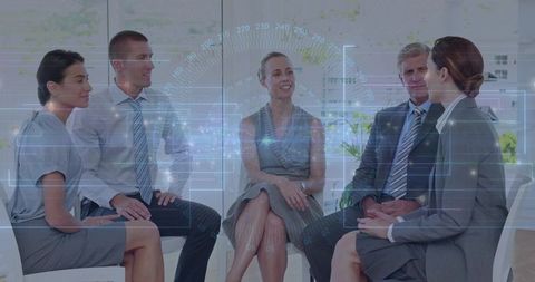 Female moderator leading corporate group discussion in modern glass-walled office with hud overlay