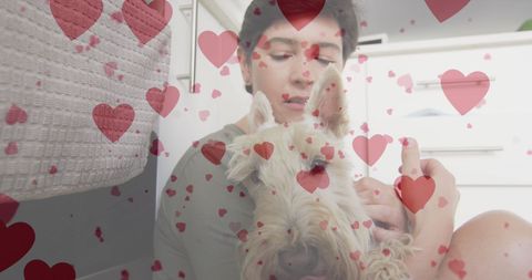 Woman Holding Cute Dog with Floating Heart Emojis - Download Free Stock Images Pikwizard.com