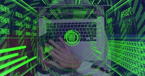 Typing Hands on Laptop with Neon Holographic Data Overlays Highlighting Cybersecurity Risks