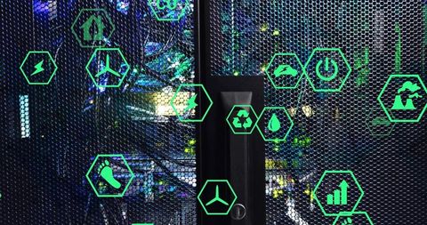 Eco-Friendly Data Center with Networking Cables and Green Icons