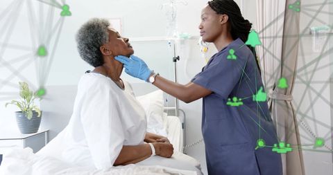 Female Doctor Examining Senior Patient with Digital Network Overlay