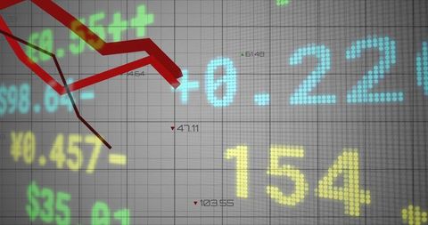Financial market dashboard showing falling red trend lines, neon numeric indicators