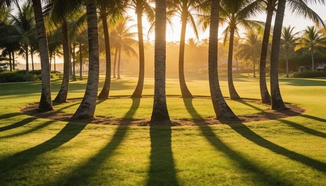Sunlit palm grove casting long radial shadows across manicured resort lawn at golden hour