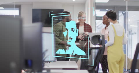 Diverse Team Collaborating on Digital Project with Technology Overlay