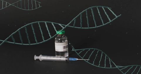 Dna strands with medical vial and syringe on black background