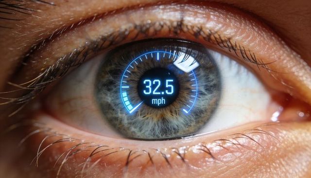 Human eye showing hud speed gauge 32.5 mph macro iris reflection and tech interface