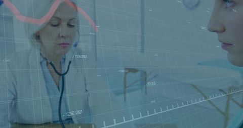 Physician consulting patient with stethoscope, clinical data visualization and telemedicine