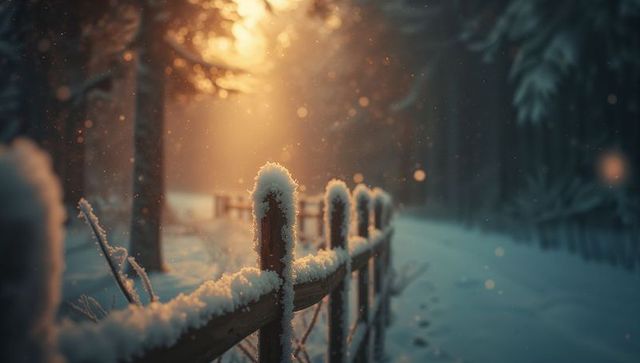 Snow-covered forest path with sunlit fence at sunrise