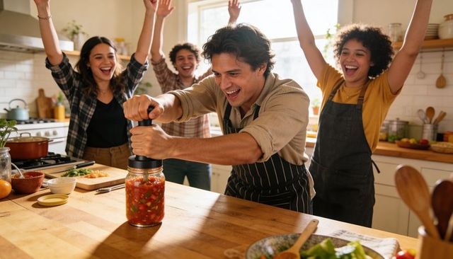 Group of friends cheering while man opening jar with jar opener in sunlit modern kitchen