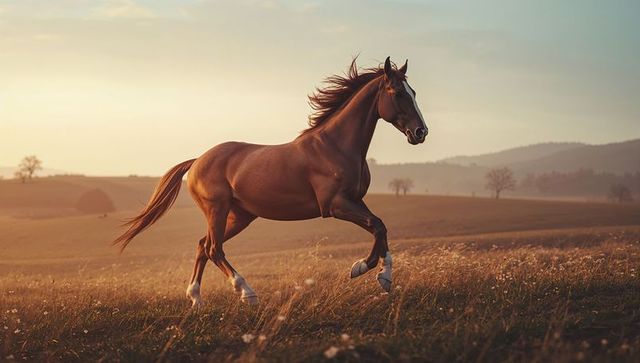 Chestnut Horse Galloping in Windswept Meadow at Golden Hour