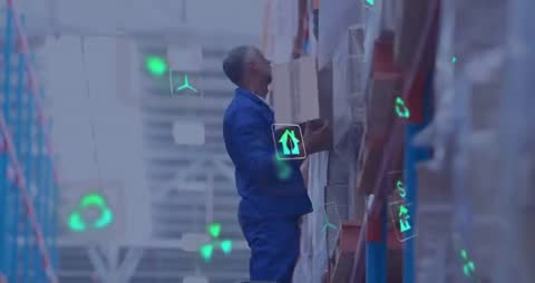 Warehouse Worker Organizing Boxes with Technological Icons